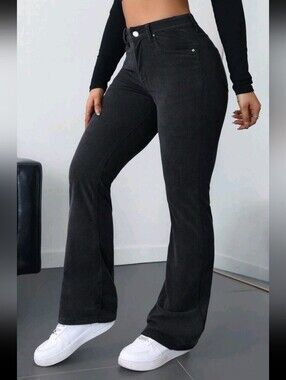 SHEIN High-Rise Dark Gray Bootcut Corduroy Pants